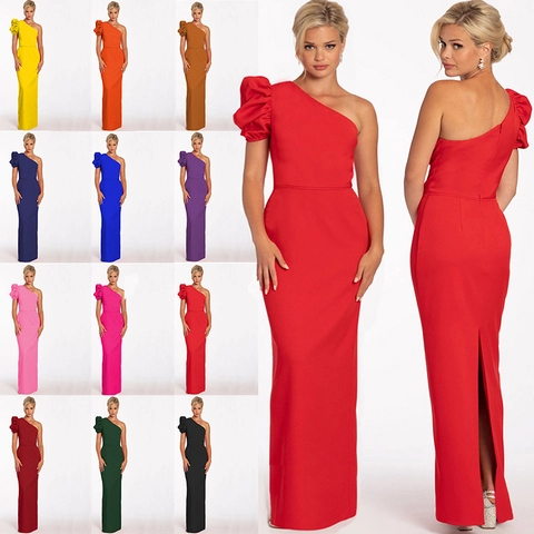 Damen Sexy One-Shoulder Puffärmel Bodycon Maxikleid Elegant Rückenschlitz Formelles Abendkleid Party Hochzeit Langes Kleid