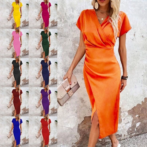 Damen Elegant V-Ausschnitt Angeschnittener Ärmel Wickel Midi Kleid Raffung Seitenschlitz Bodycon Kleid Für Hochzeit Party Sexy Slim Fit Sommer Kleidung