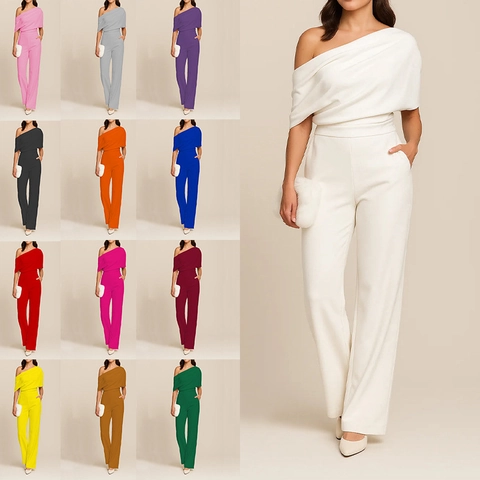 Women Elegant One Shoulder Wide Leg Jumpsuit High Waist Solid Color Commuting Long Pants Romper For Party Banquet Office