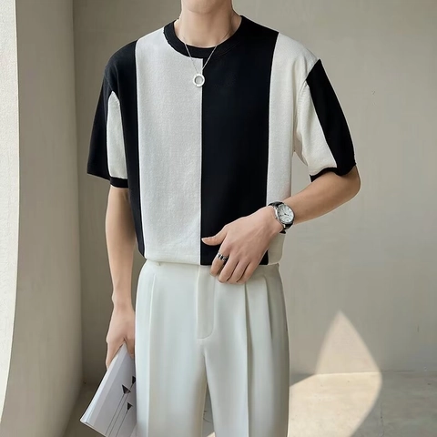 Maglietta da Uomo in Maglia di Seta di Ghiaccio a Manica Corta Minimalista a Blocchi di Colore Girocollo Casual Estivo