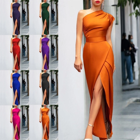 Elegante Dames Maxi Jurk Eén Schouder Geplooid Hoge Taille Voorzijde Split Satin Avondjurk Voor Bruiloft Feest