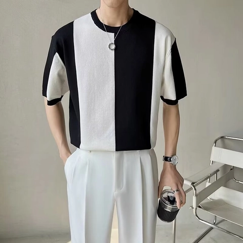 Maglietta da Uomo in Maglia di Seta di Ghiaccio a Manica Corta Minimalista a Blocchi di Colore Girocollo Casual Estivo