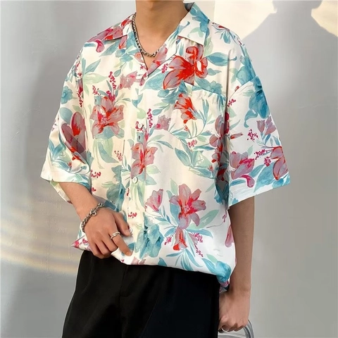 Men's Hawaiian Floral Short Sleeve Shirt Retro Casual Button Down Cuban Collar Loose Beach Top Summer Holiday Outfits