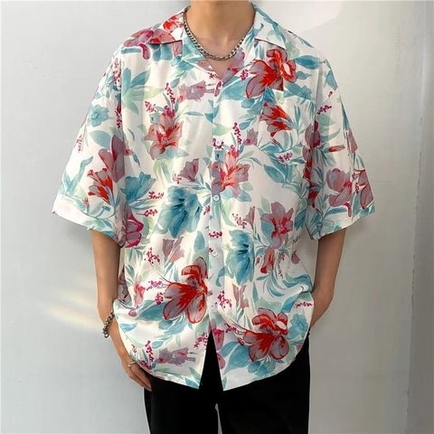 Men's Hawaiian Floral Short Sleeve Shirt Retro Casual Button Down Cuban Collar Loose Beach Top Summer Holiday Outfits