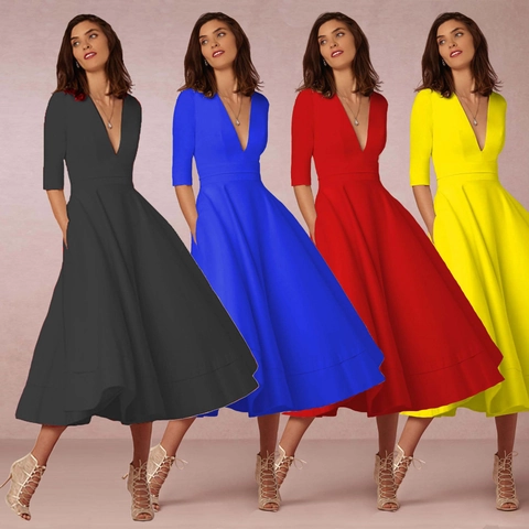 Elegant V Neck Half Sleeve Maxi Dress For Women High Waist A-Line Big Swing Evening Gown With Pockets Solid Color Banquet Party Dress