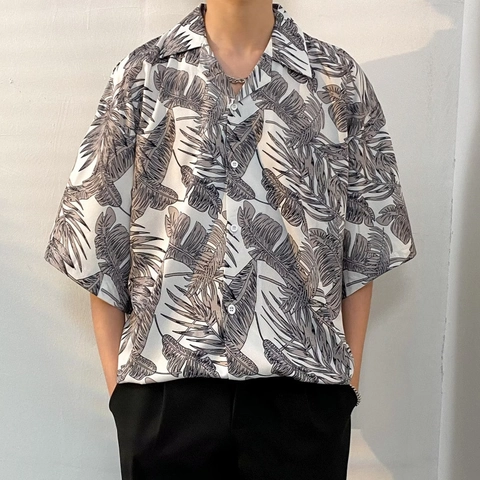 Men Summer Hawaiian Oversized Short Sleeve Shirt Tropical Leaf Print Cuban Collar Casual Holiday Beach Button Down Top