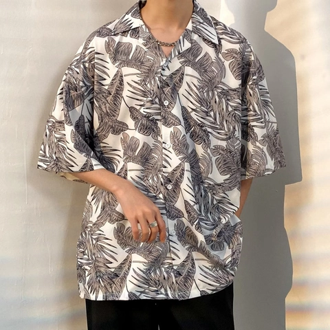 Men Summer Hawaiian Oversized Short Sleeve Shirt Tropical Leaf Print Cuban Collar Casual Holiday Beach Button Down Top