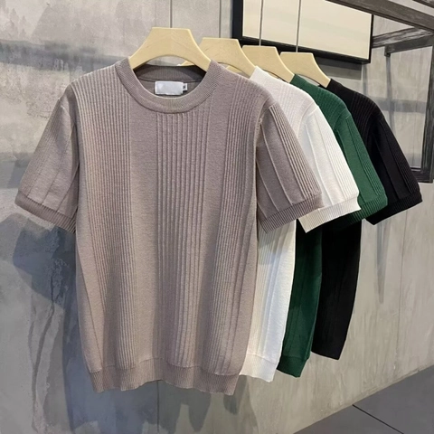 Maglietta da Uomo in Maglia a Costine Casual Girocollo Manica Corta Misto Poliestere Tinta Unita Stile Vintage Top Estivo