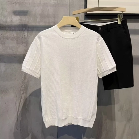 Maglietta da Uomo in Maglia a Costine Casual Girocollo Manica Corta Misto Poliestere Tinta Unita Stile Vintage Top Estivo