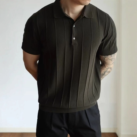 Herren Vintage Gestricktes Polo Shirt Kurzarm Vertikal Gestreift Einfarbig Polyester Sommer Top Für Herren Büro Alltag