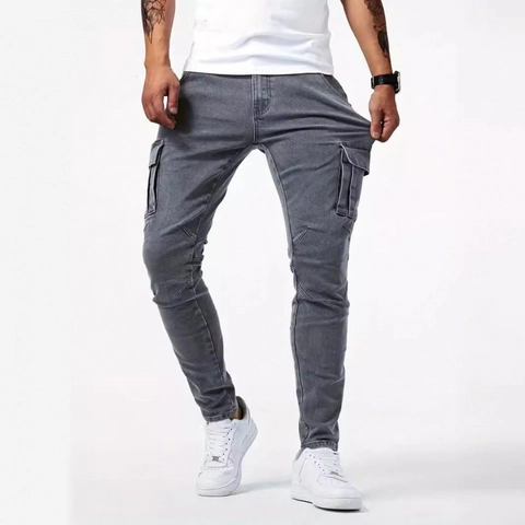 Jeans Cargo Coupe Ajustée pour Hommes Denim de Coton Multi Poches Pantalon Lavé Style Britannique Pantalon Décontracté