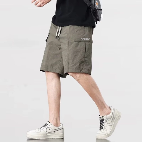 Men's Cargo Shorts Summer Ice Silk Quick Dry Loose Casual Multi Pocket Outdoor Sports Drawstring Straight Leg Pants