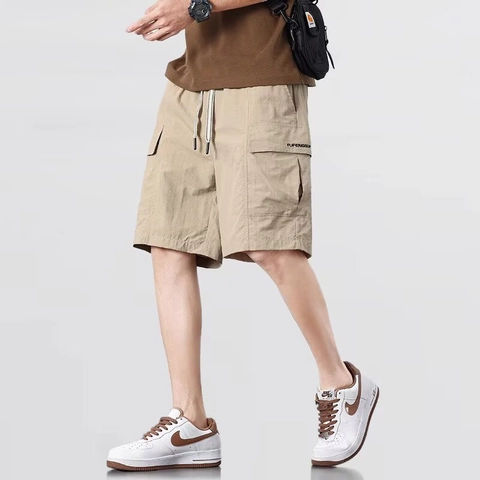 Men's Cargo Shorts Summer Ice Silk Quick Dry Loose Casual Multi Pocket Outdoor Sports Drawstring Straight Leg Pants
