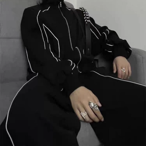 Veste de Sport Décontractée Pour Hommes Tendance Coréenne Et Pantalon Avec Passepoil Contrasté Survêtement à Fermeture Éclair Col Montant