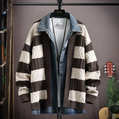 Γυναικείο Casual Denim Patchwork Layered Style Πλεκτή Ζακέτα Πουλόβερ Vintage Ριγέ Χαλαρό Μακρυμάνικο Πλεκτό Top