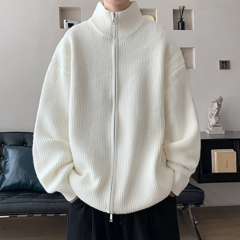 Herren Casual Stehkragen Reißverschluss Strickjacke Dicke Fleece-Futter Gerippte Strickjacke Lockere Drop-Shoulder Jacke Winter