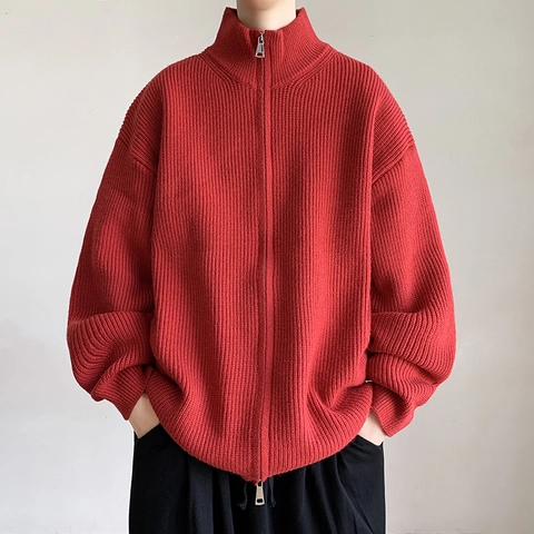 Herren Casual Stehkragen Reißverschluss Strickjacke Dicke Fleece-Futter Gerippte Strickjacke Lockere Drop-Shoulder Jacke Winter