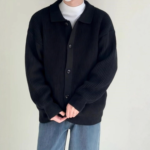 Herren Gerippte Strickjacke Polo Kragen Knopfleiste Langarm Casual Pullover Jacke Einfarbig Koreanischer Stil Mode Oberteile