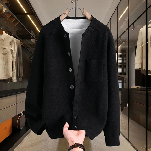 Men Casual Knitted Cardigan Sweater Solid Color Round Neck Single Breasted Jacket With Pocket Long Sleeve Fashion Knitwear