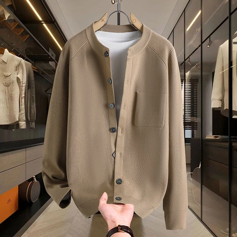 Men Casual Knitted Cardigan Sweater Solid Color Round Neck Single Breasted Jacket With Pocket Long Sleeve Fashion Knitwear