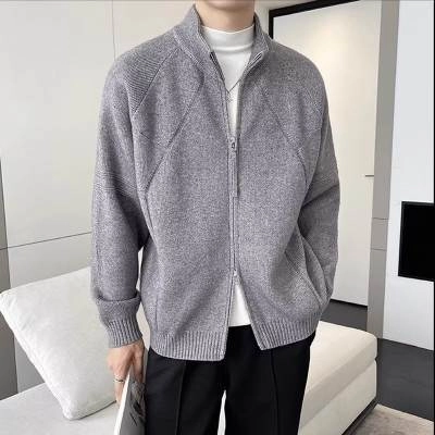 Giacca Cardigan in Maglia Uomo Casual Collo in Piedi Full Zipper Vestibilità Larga Polsino a Costine Maglione a Manica Lunga