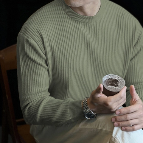 Maglione da Uomo American Vintage in Maglia a Costine a Strisce Verticali Girocollo Pullover Largo Casual Manica Lunga