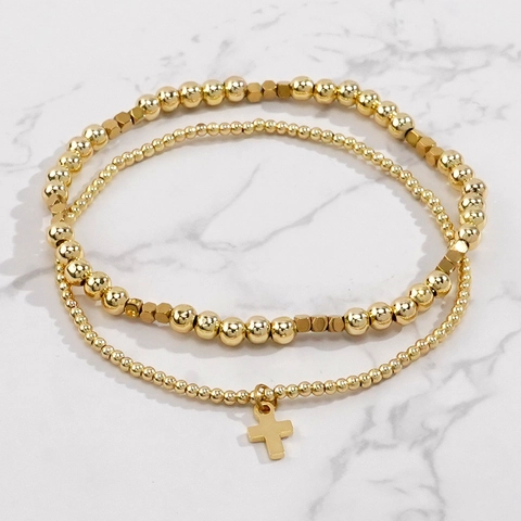 Bracciale in Perline di Rame Placcato Oro Con Ciondolo a Croce Minimalista Bracciali di Perline Impilabili Multi Strato Per Donna