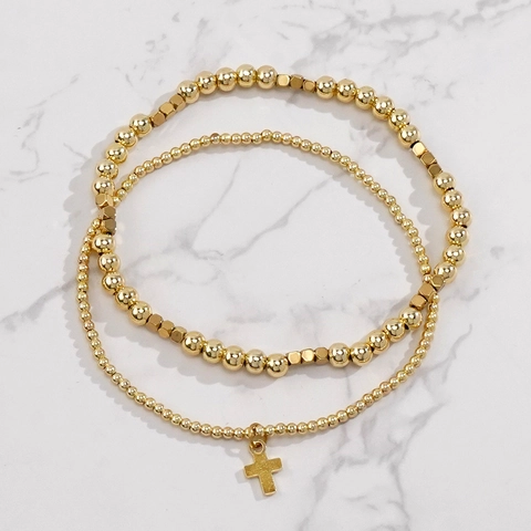 Bracciale in Perline di Rame Placcato Oro Con Ciondolo a Croce Minimalista Bracciali di Perline Impilabili Multi Strato Per Donna