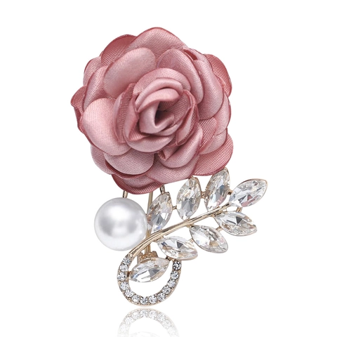 Elegant Rose Flower Brooch Fabric Alloy Rhinestone Faux Artificial Pearl Wedding Dress Accessories For Women