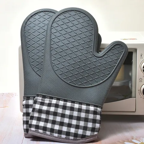 Guanto Da Forno Resistente Al Calore In Silicone Con Fodera In Cotone Polsino A Quadretti Antiscivolo Per Cucinare