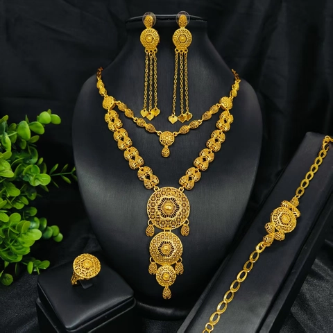 24K Gold Plated Copper Floral Necklace Earrings Bracelet Ring For Women Dubai African Style Hollow Tassel Jewelry