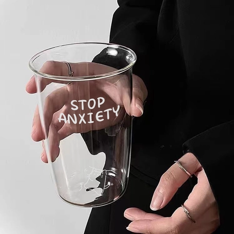 Bicchiere In Vetro Stop Anxiety Tazza In Borosilicato Trasparente Con Illustrazione Cane Cartone Animato Resistente Al Calore