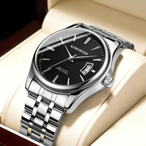 Kingnuos Luxury Men Women Fashion Quartz Watch Stainless Steel Leather Strap Waterproof Calendar Business Dress Wristwatch