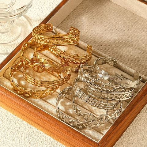 Brazalete de Acero Inoxidable Chapado en Oro para Mujer Diseño Geométrico Corazón Flor Mariposa Joyería Ajustable