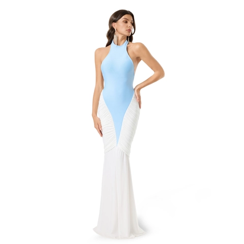 Halter Neck Backless Fishtail Maxi Dress For Women Sexy Ruched Color Block Bodycon Evening Party Formal Dress
