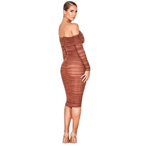 Women's Sexy Off-Shoulder Long Sleeve Mesh Ruched Midi Dress Slim Fit Bodycon Solid Color Party Evening Dress