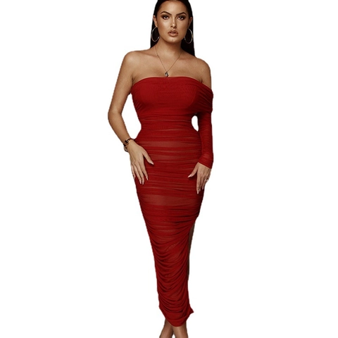 Women Sexy Ruched Mesh One Shoulder Asymmetrical Split Maxi Dress Elegant Bodycon Party Evening Gown Long Sleeve Dress