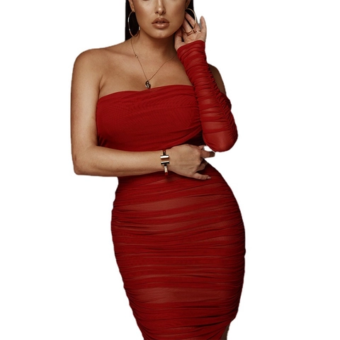 Women Sexy Ruched Mesh One Shoulder Asymmetrical Split Maxi Dress Elegant Bodycon Party Evening Gown Long Sleeve Dress