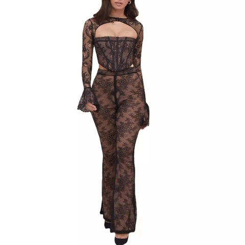 Completo Sexy Donna Due Pezzi in Pizzo Nero con Top Corsetto Cut Out e Pantaloni a Zampa a Vita Alta Floreale Festa