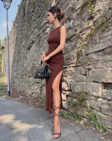 Vestido Midi de Punto de Canalé Sin Mangas Sexy para Mujer Con Abertura Torsión Delantera Abertura Lateral Elegante Ajustado