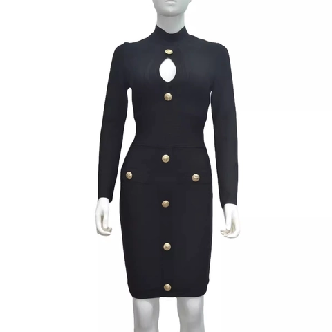 Elegante Dames Bandage Mini-Jurk Met Lange Mouwen En Uitsnijding Gouden Knopen Sexy Bodycon Club Party Avondjurk Cocktailjurk