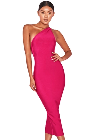 Sexy Women One-Shoulder Backless Bodycon Bandage Midi Dress Elegant Sleeveless Solid Color Evening Party Clubwear Dress