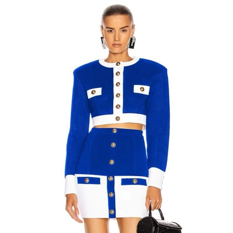 Elegante Set Giacca e Minigonna Colorblock Bottoni a Leone in Oro Vintage Manica Lunga Donna Socialite Completo Due Pezzi Moda Pendolare