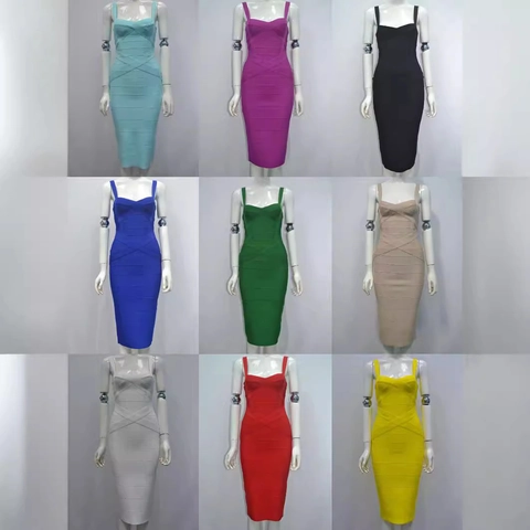 Women Sexy Bandage Midi Dress Slim Fit V-Neck Spaghetti Strap Bodycon Party Evening Dress Patchwork Polyester Solid Color