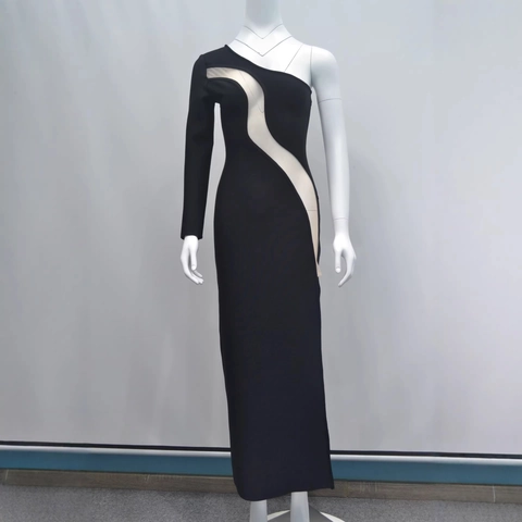 Vestido Largo Ajustado de Mujer Sexy de Un Hombro con Manga Larga y Patchwork de Malla Abertura Alta Elegante para Fiesta y Banquete Negro
