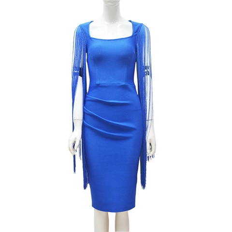 Königsblau Eckiger Ausschnitt Ärmellos Lange Quasten Bodycon Midi Kleid Für Damen Sexy Patchwork Bandage Party Abendkleid