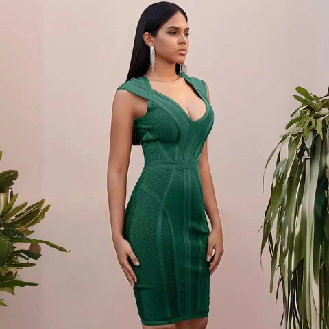 Vestido Bandage Sin Mangas Sexy con Cuello en V para Mujer Elegante Color Sólido Cintura Alta Bodycon Midi de Lápiz para Fiesta