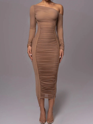 Vestido Midi de Malla con un Hombro Sexy para Mujer Elegante Manga Larga Ajustado Vestido de Fiesta Color Sólido