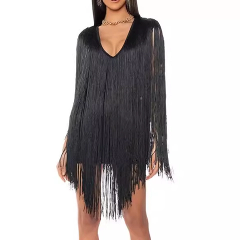 Women Sexy V Neck Long Fringe Mini Dress Sleeveless Back Zipper Solid Black Bodycon Party Clubwear Performance Short Dress