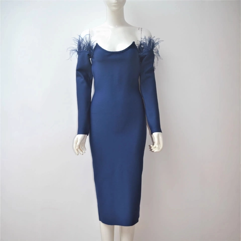 Elegante Off-shoulder Veer Lange Mouwen Bandage Midi Jurk Vrouwen Sexy Rugloos Bodycon Feest Avondjurk Marineblauw